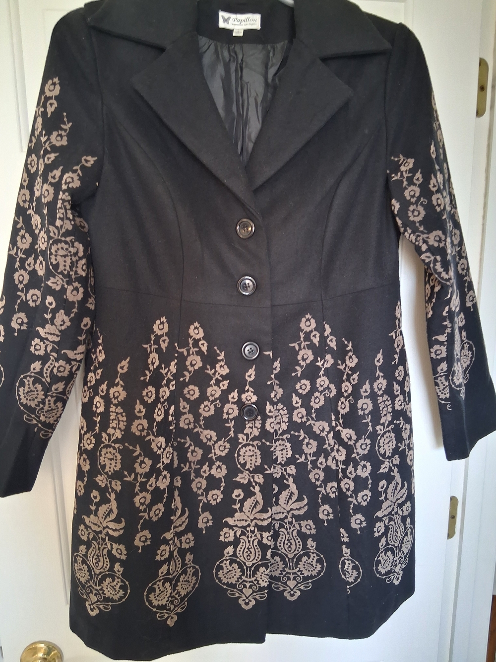 Papillon Blanc Black Coat with Taupe Floral Embroidery